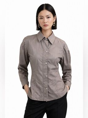 Thakoon Cotton Puff Sleeve Shirt Jacket Sz 6 Taupe Fitted Avant Garde Unique